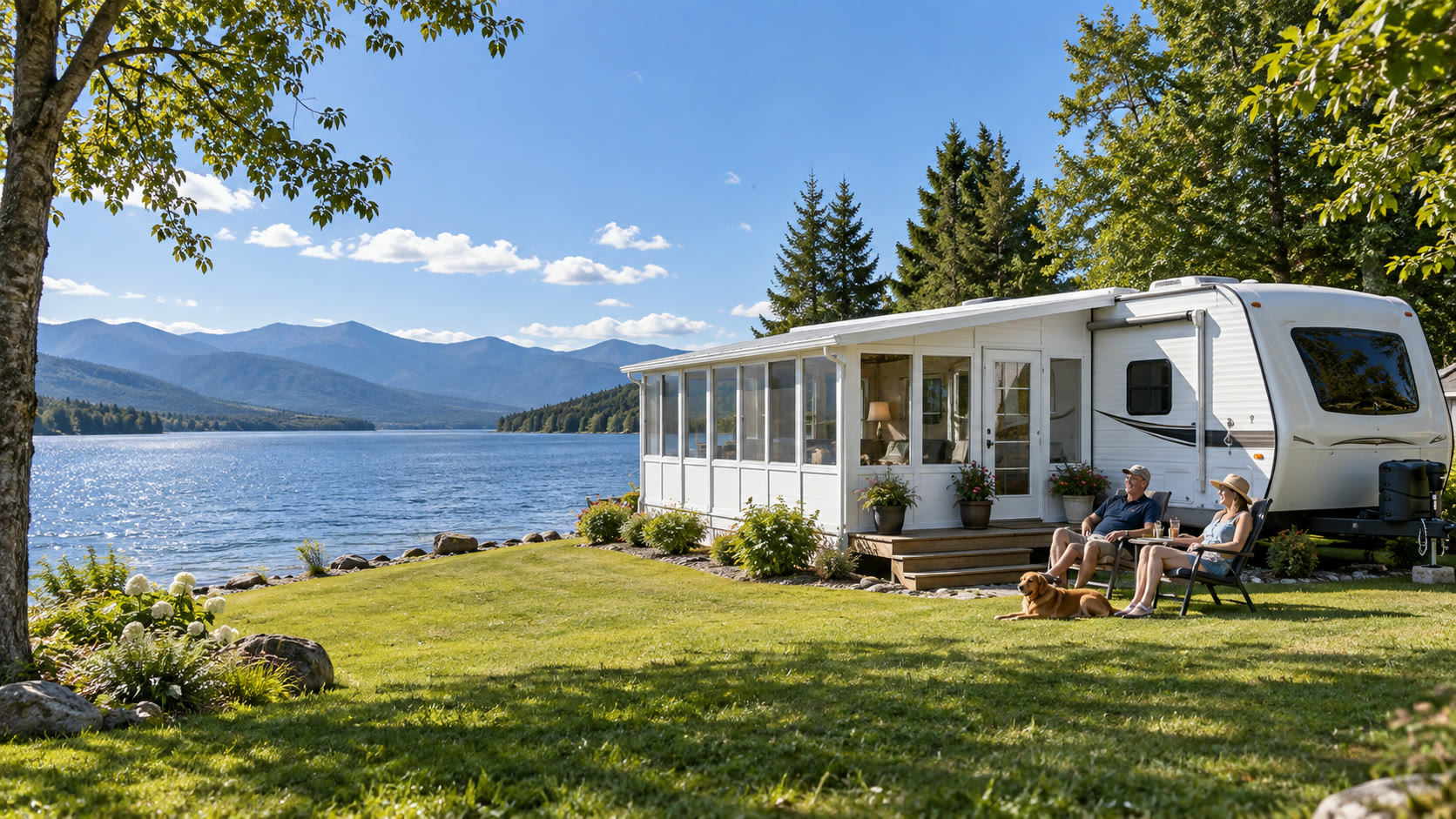 An illustrative lakeside retreat: a white RV with an enclosed room and a couple relaxing outside beside a wide blue lake.